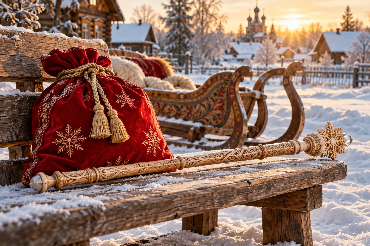 Посох и мешок у саней